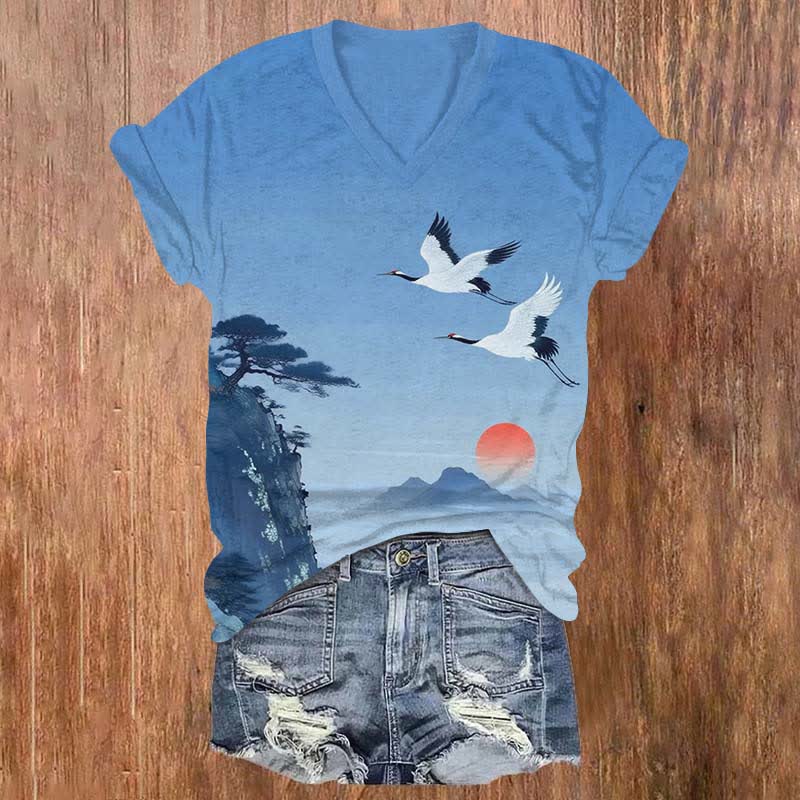 Japanese Watercolor Sunset & Flying Crane Art Print V-neck T-shirt - Blue - US32-34(5XL) - image 3
