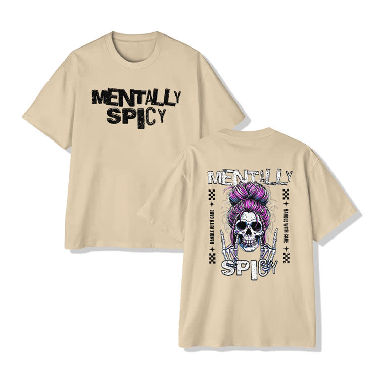 Mentally Spicy Skull Print T-shirt - Apricot - US16-18(2XL) - image 4