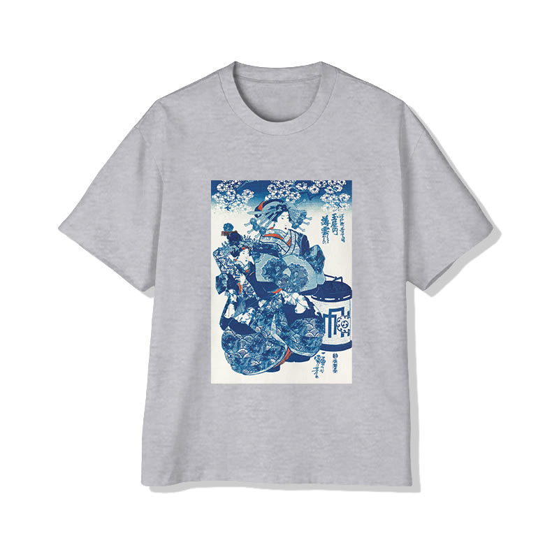 Classic Ukiyo-e Art Print Short Sleeved Crew Neck T-shirt - Grey - 2XL - image 4