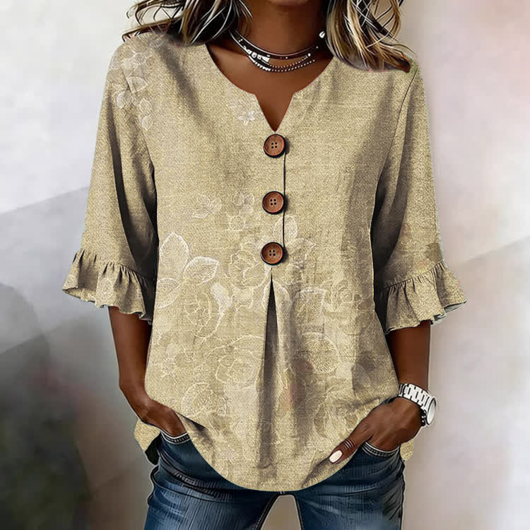 Subtle Floral Texture Pattern Print Button V-Neck Blouse With Ruffle Sleeves - Yellow - US32-34(5XL) - image 5