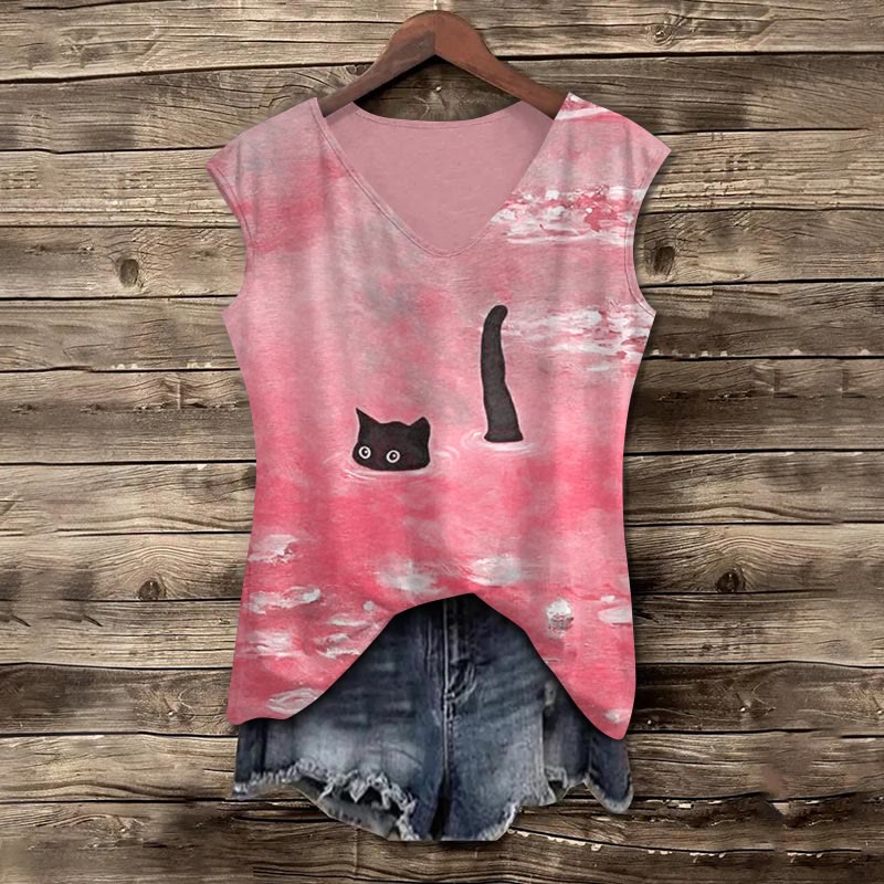 Women's Oil Painting Cat Print V-neck Tank Top - Pink - 5XL - image 4