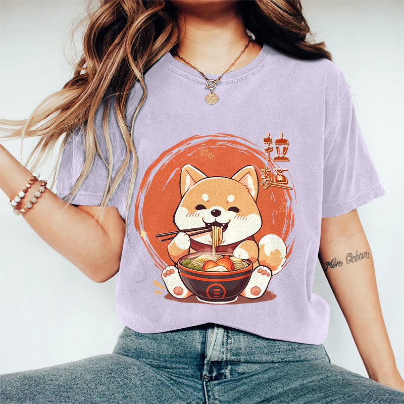 100% Cotton Women's Japanese Cat Eating Ramen Art Print Casual T-shirt - Purple - 2XL - image 9