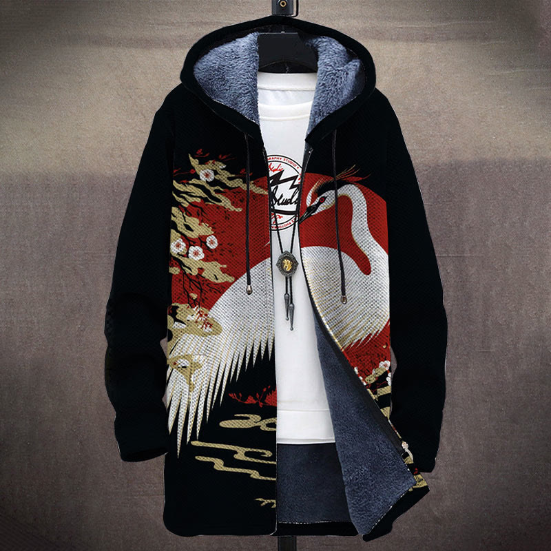 Mysterious Oriental Crane Totem Print Unisex Plush Thick Long-sleeved Fleece Jacket Coat - image 2