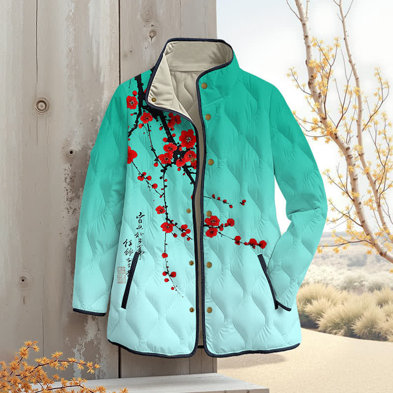 Japanese Vintage Plum Blossom Art Print Outerwear Jackets - Lake Blue - 4XL - image 3