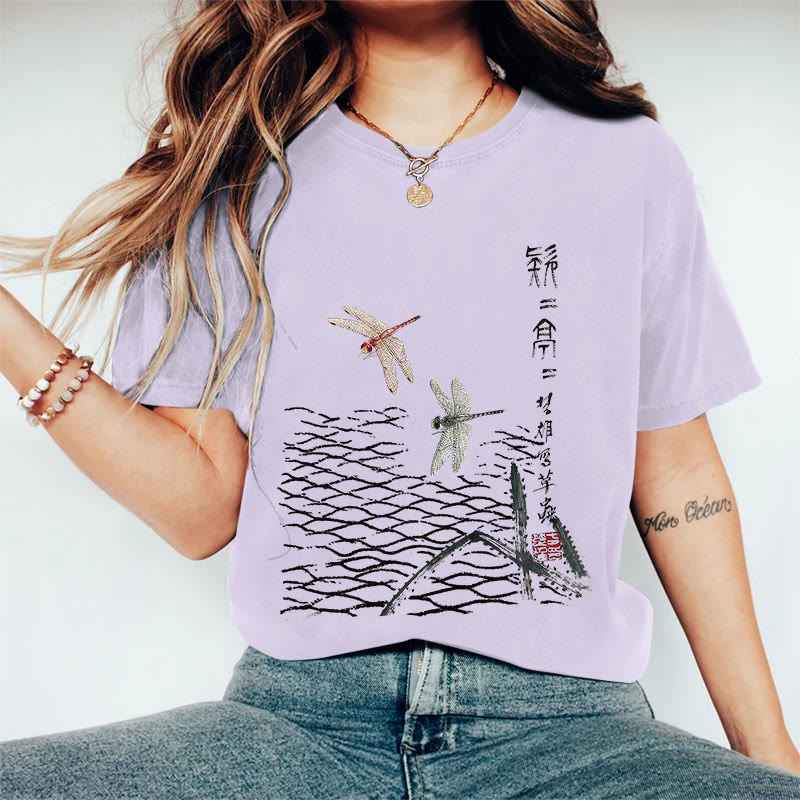 100% Cotton Women's Japanese Ink Painting Dragonfly Art Print Casual T-shirt - Purple - 2XL - image 9