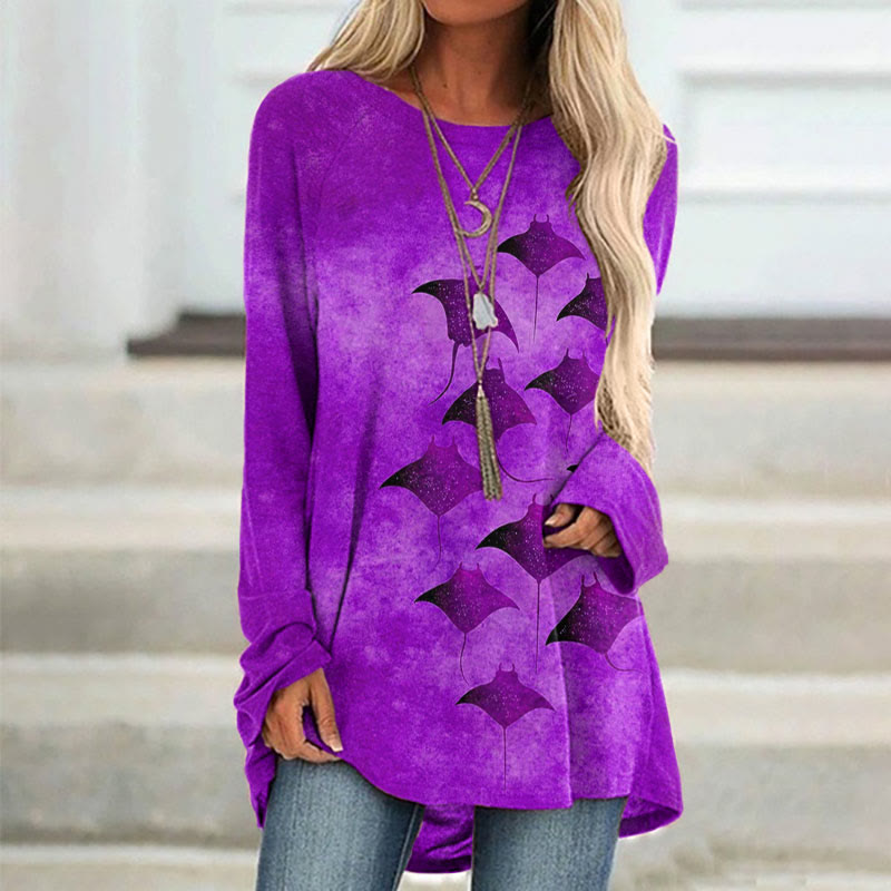 Vintage Manta Ray Art Print Casual Long Sleeve Tunic - Purple - 8XL - image 5