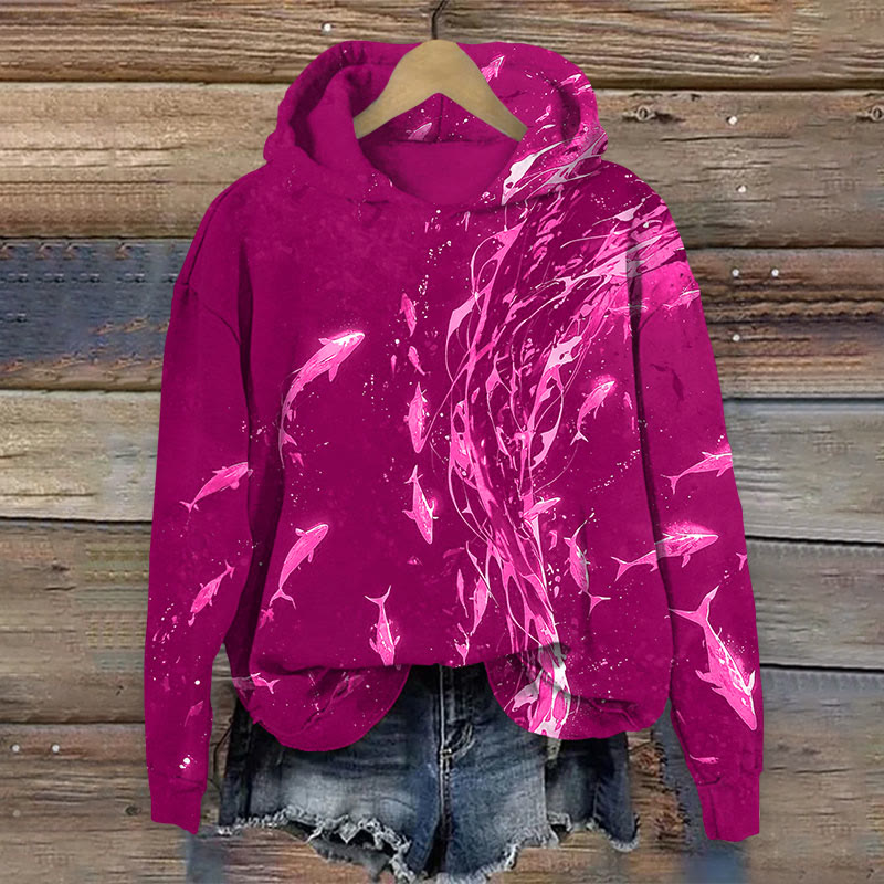 Ocean School Of Fishes Print Long Sleeve Hoodie - Rose - US44-46(8XL) - image 3