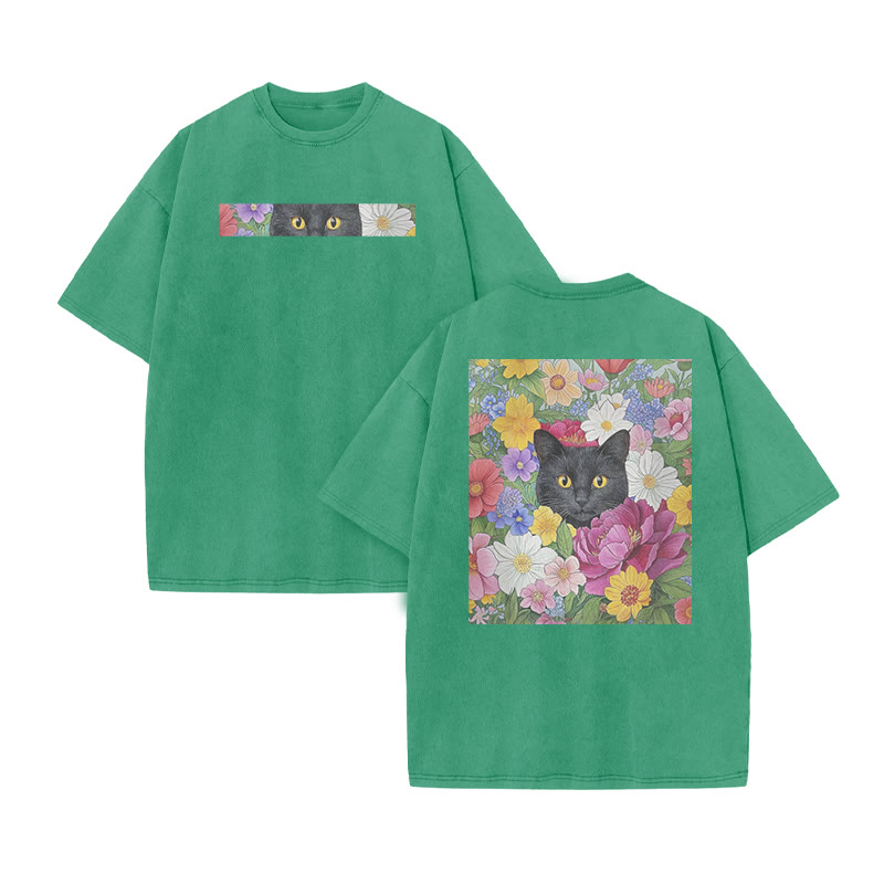 A Black Cat In A Field Of Colorful Flowers Print Acid Washed T-shirt - Green - US20-22(3XL) - image 8