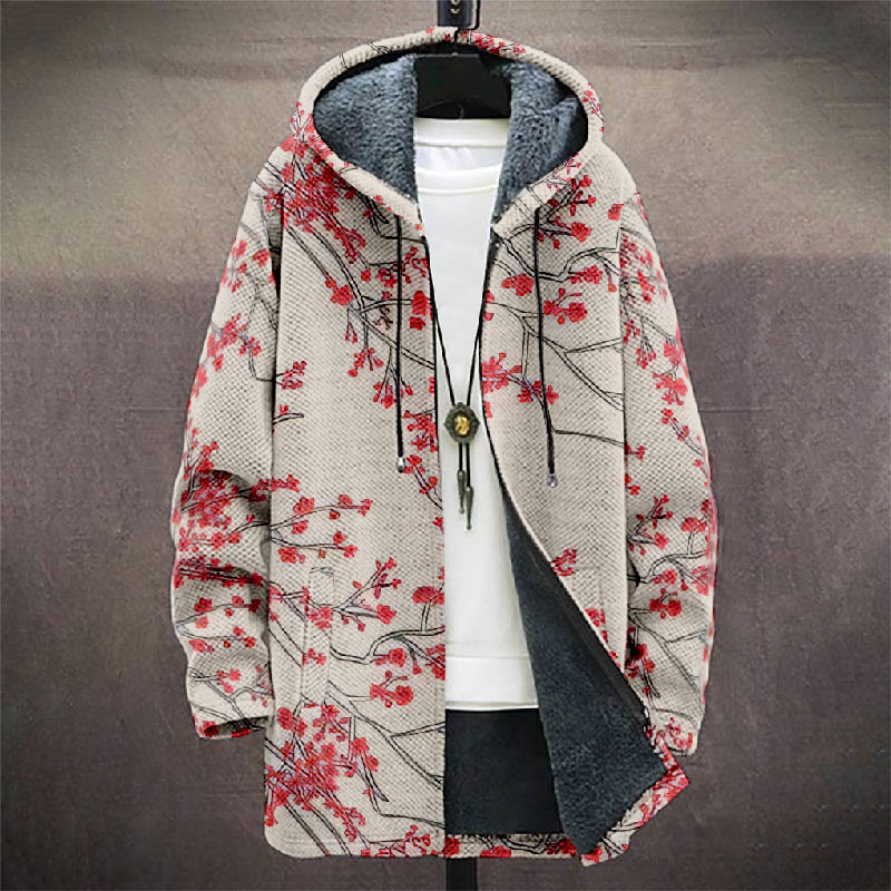Retro Watercolor Plum Blossom Art Print Unisex Plush Thick Long-sleeved Fleece Jacket Coat - image 2