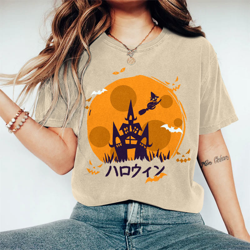 100% Cotton Women's  Halloween Magic Pumpkin Castle Art Print Casual T-shirt - Khaki - 2XL - image 4