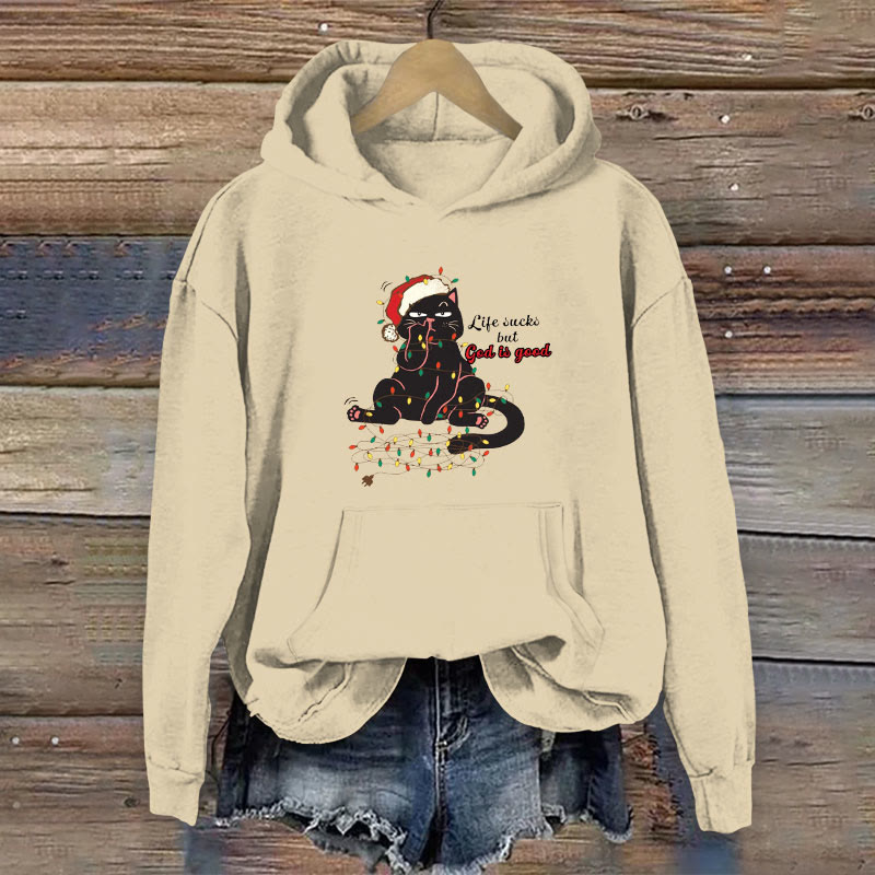 100% Cotton Life Sucks But God Is Good Christian Christmas Print Women's Hoodie - Apricot - 2XL - image 3