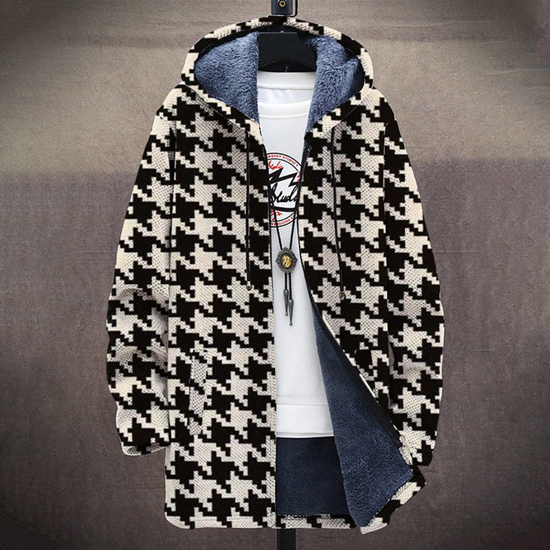 Vintage Classic Black And White Houndstooth Print Unisex Plush Thick Long-sleeved Fleece Jacket Coat - image 2