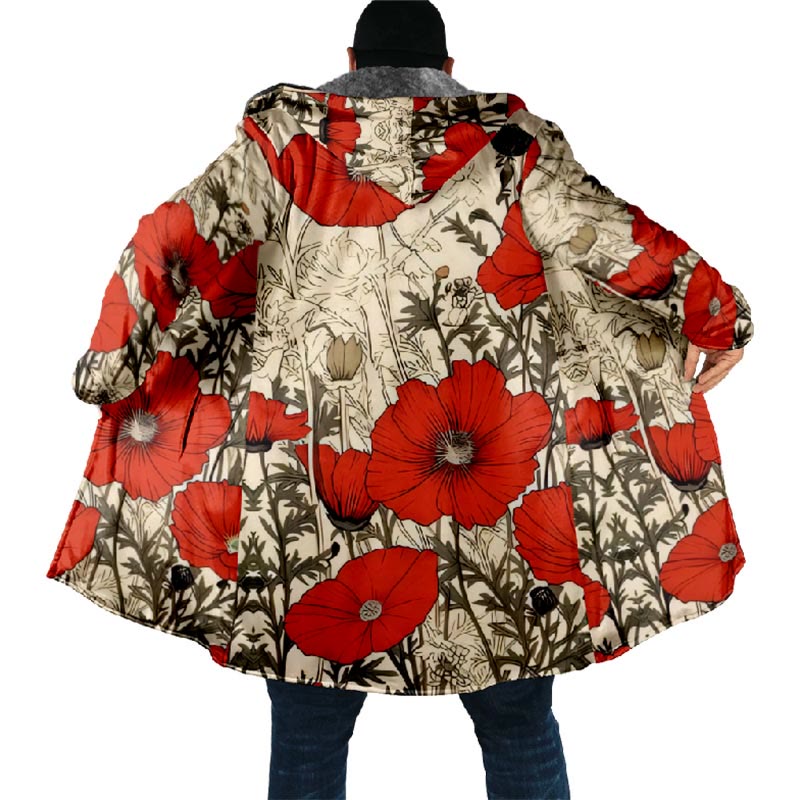 Retro Large Red Poppies Art Print Unisex Plush Thick Long-sleeved Fleece Jacket Coat - image 5