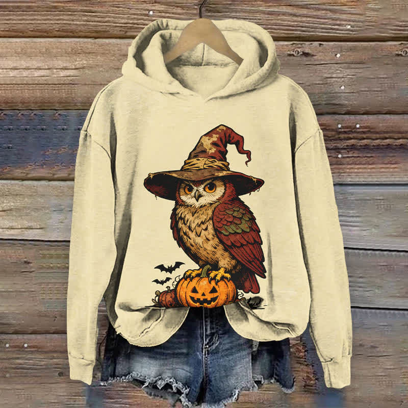 Halloween Wizard Owl Standing On A Pumpkin Print Long Sleeve Hoodie - Apricot - US44-46(8XL) - image 6