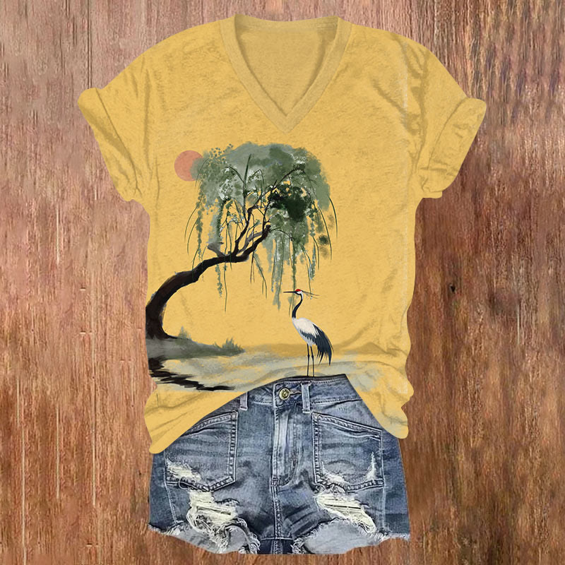 Japanese Watercolor Willow & Crane Art T-shirt - Yellow - US32-34(5XL) - image 2