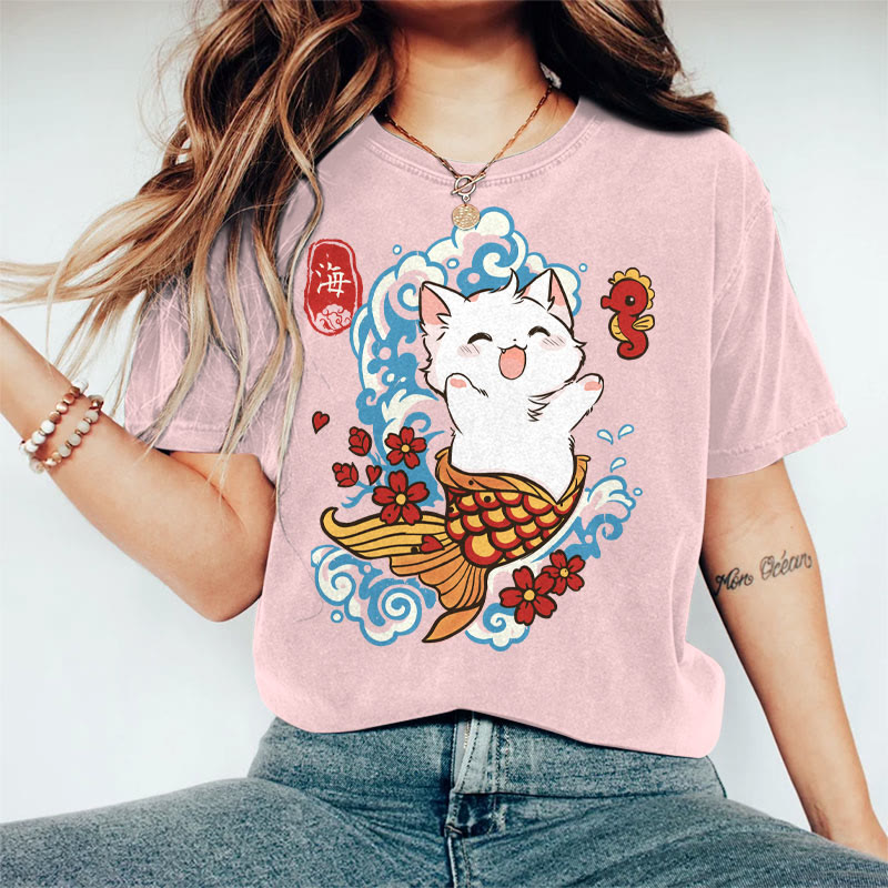 100% Cotton Women's Japanese Sakura White Fish Cat Art Print Casual T-shirt - Pink - 2XL - image 2