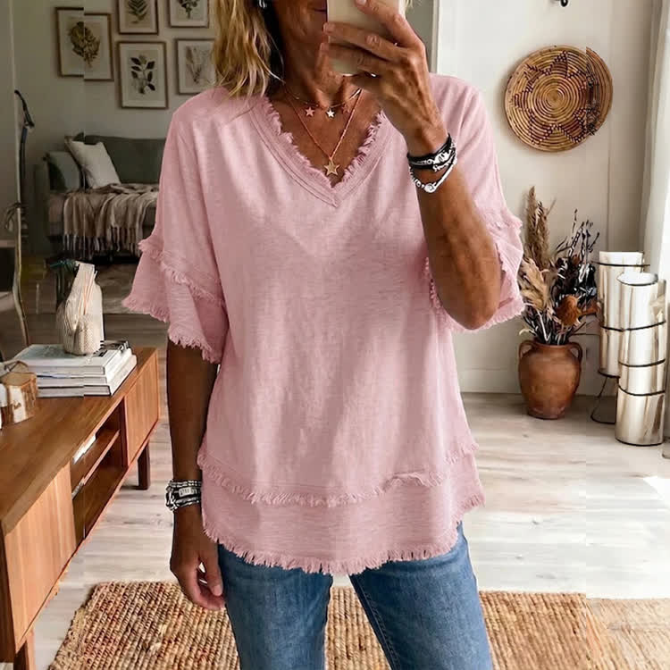Casual Solid Frayed Layered V-neck Blouse - Pink - 3XL - image 3