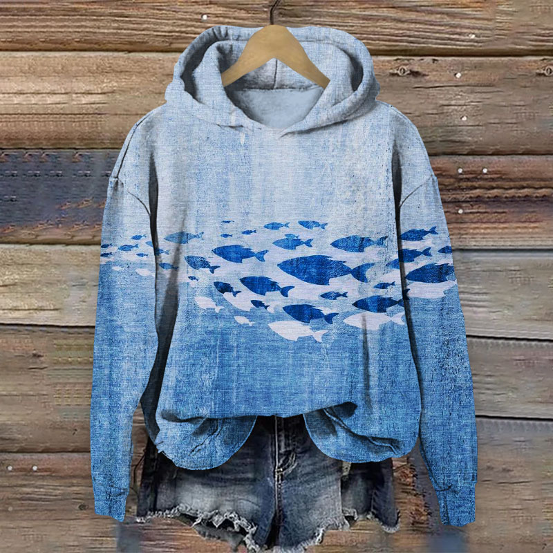 Fish Art Print Long Sleeve Hoodie - Blue - 8XL - image 1