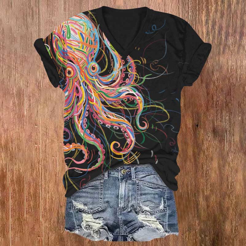 Print V-neck T-shirt - Black - US32-34(5XL) - image 5