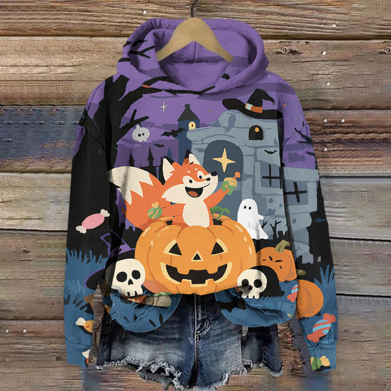 Halloween Cartoon Fox In A Pumpkin Print Long Sleeve Hoodie - Purple - US44-46(8XL) - image 2