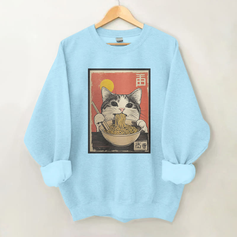 100% Cotton Cat Enjoying Ramen Print Round Neck Casual Fleece Sweatshirt - Blue - 2XL - image 4