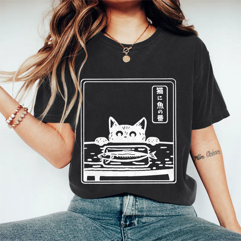 100% Cotton Women's  Japanese Ink Watercolor Cat & Fish Art Print Casual T-shirt - Black - 2XL - image 2