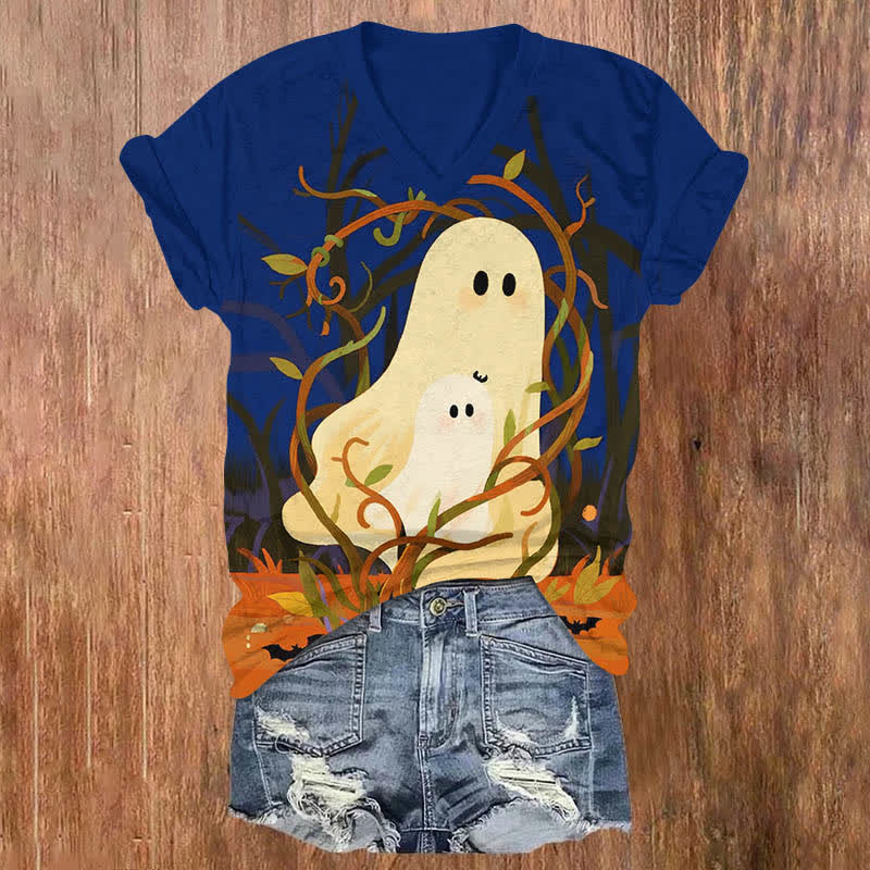 Halloween Creative Mother And Child Ghost Print V-neck T-shirt - Blue - US32-34(5XL) - image 4