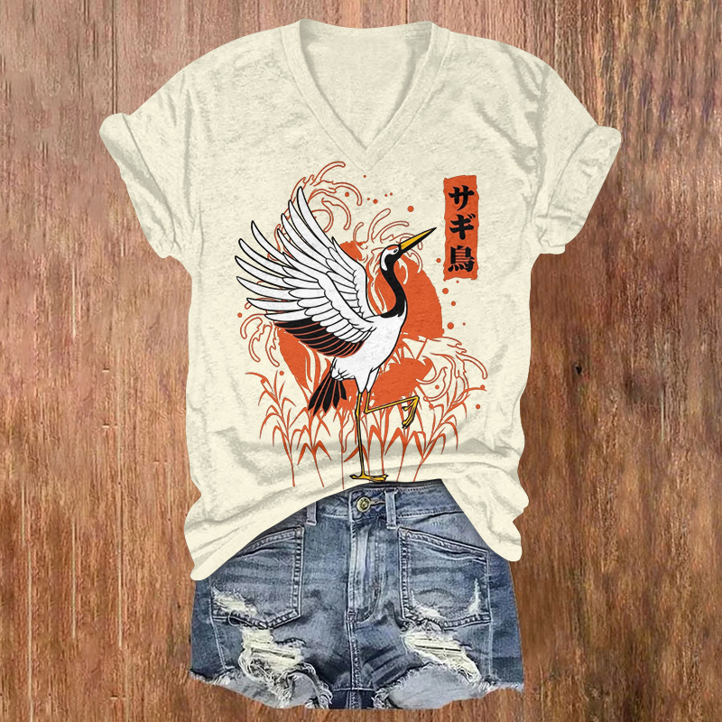 Japanese Elegant White Crane Print Short Sleeved V-neck T-shirt - Beige - US32-34(5XL) - image 1