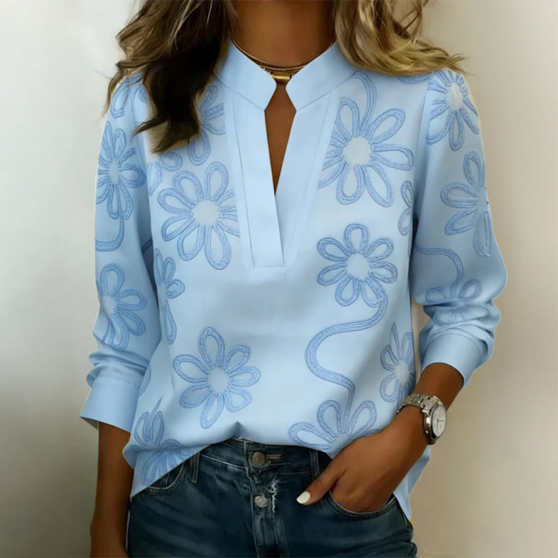 Elegant Floral Notch-collar Long-sleeve Blouse - Sky Blue - 3XL - image 4