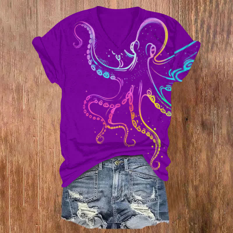 Vintage Rainbow Line Octopus Art Print V-neck T-shirt - Purple - US32-34(5XL) - image 2