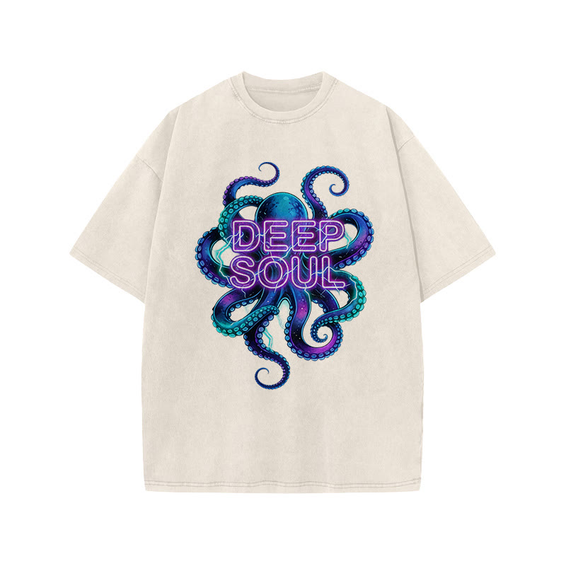 Deep Soul Colored Octopus Print Acid Washed T-shirt - Beige - US20-22(3XL) - image 4