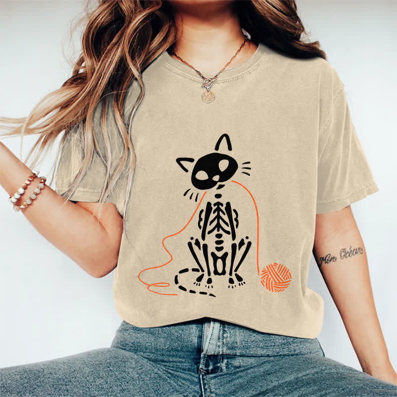 100% Cotton Women's Creative Skeleton Cat Playing Ball Of Yarn Art Print Casual T-shirt - Apricot - 2XL - image 5