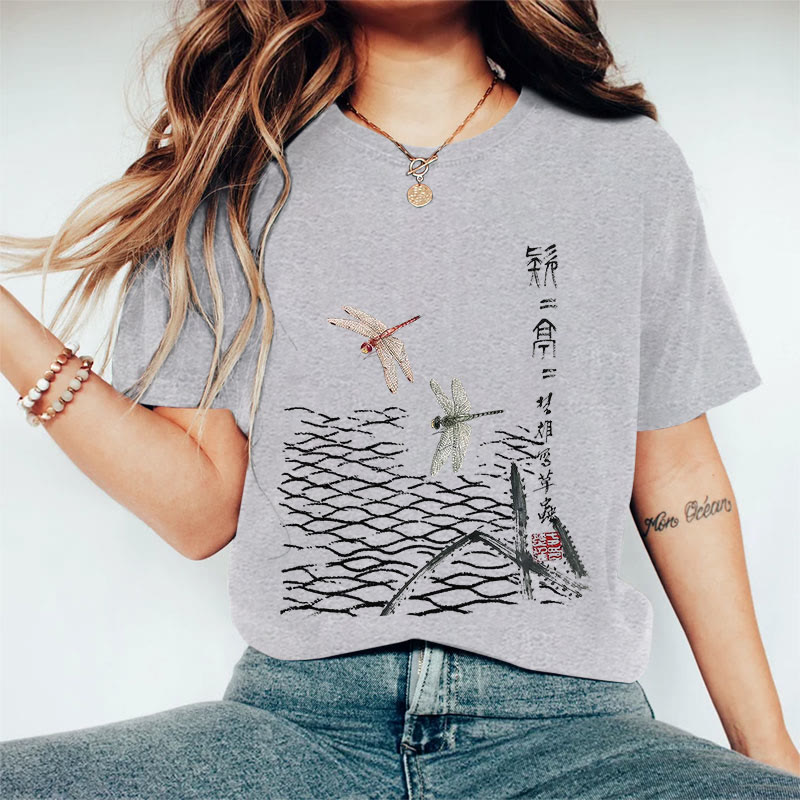 100% Cotton Women's Japanese Ink Painting Dragonfly Art Print Casual T-shirt - Grey - 2XL - image 4
