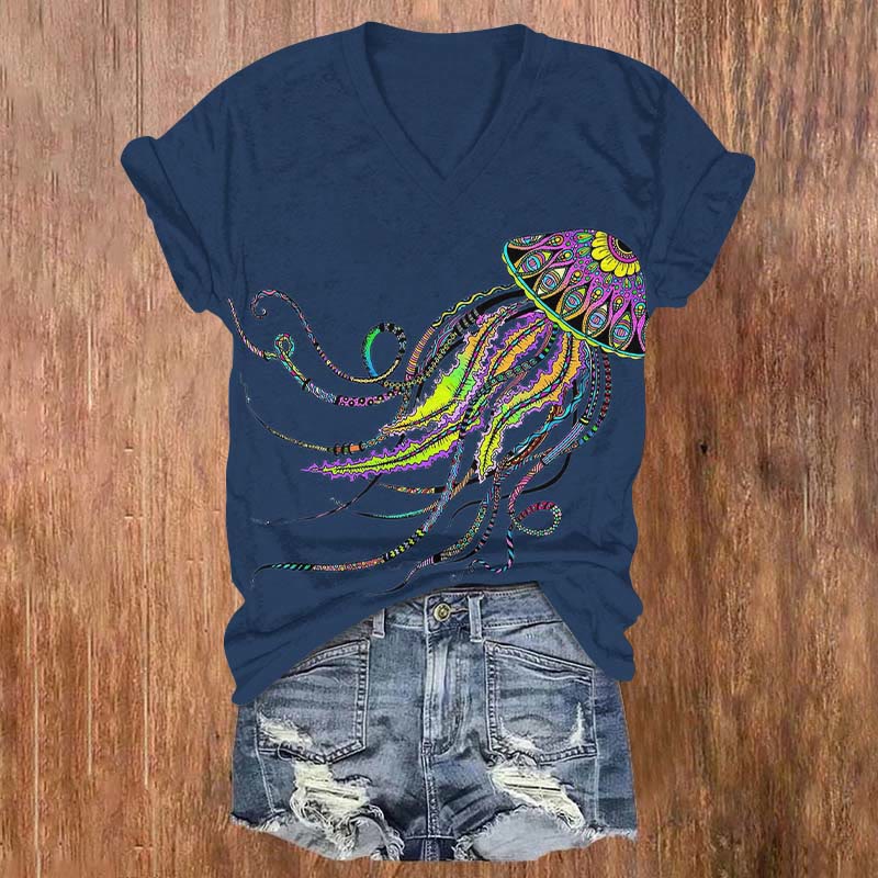 Vintage Ethnic Floral Jellyfish Art Print V-neck T-shirt - Navy Blue - US32-34(5XL) - image 2