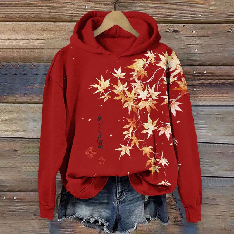 Japanese Watercolor Maple Leaf In Fall Art Print Long Sleeve Hoodie - Red - US44-46(8XL) - image 5