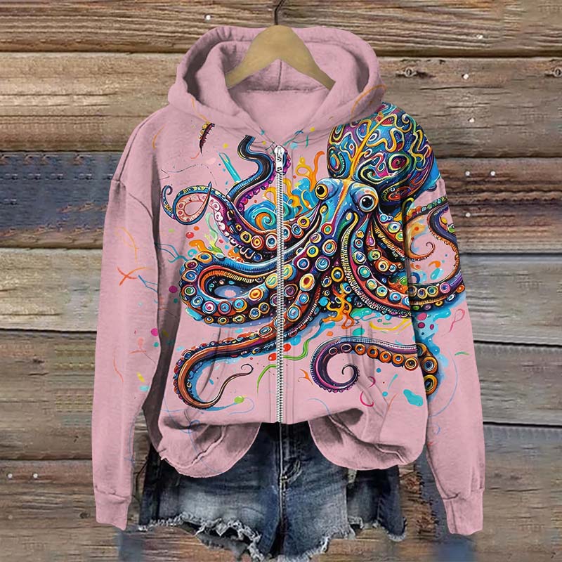 Vintage Rainbow Octopus Art Print Long Sleeve Zipper Hoodie - Pink - US28-30(4XL) - image 3