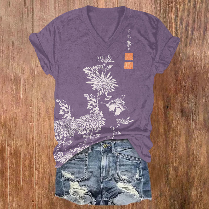 Vintage Chrysanthemum Print V-neck T-shirt - Purple - 5XL - image 4