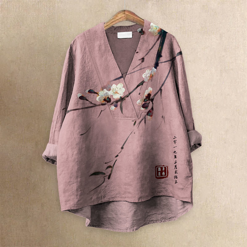 Vintage Plum Blossom Art Printed Casual V-neck Blouse - Pink - 6XL - image 2