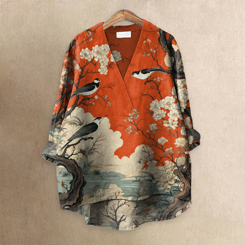 Japanese Flower And Bird Painting Art Printed Casual V-neck Blouse - Orange - 6XL - image 5