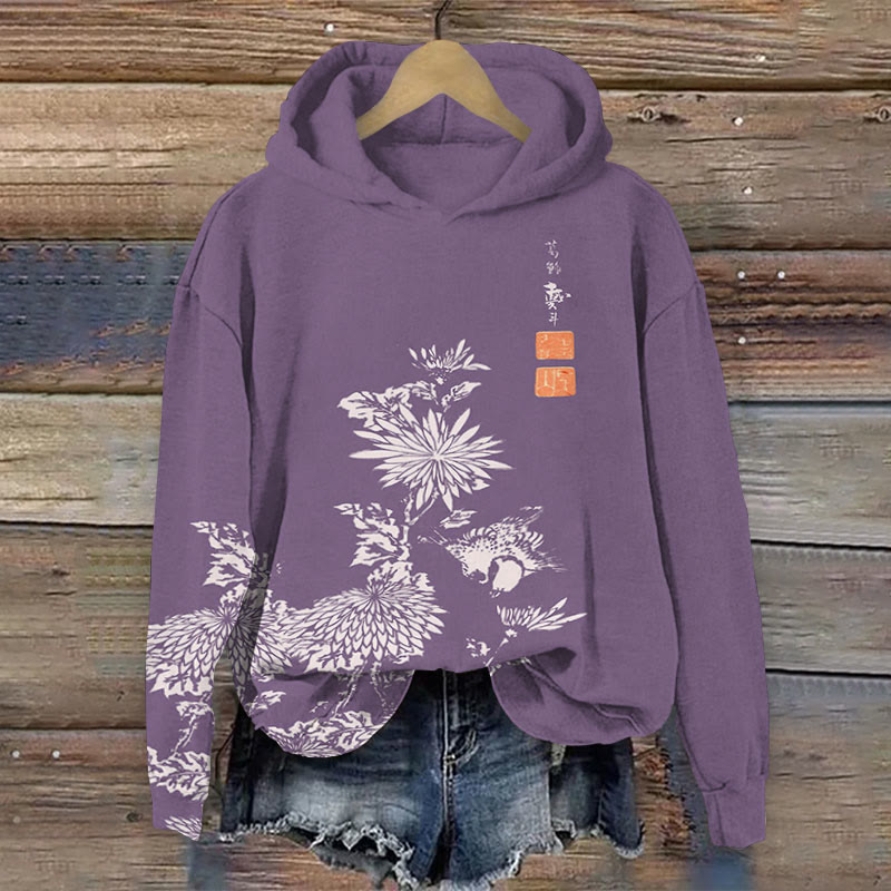 Vintage Chrysanthemum Print Long Sleeve Hoodie - Purple - 8XL - image 5