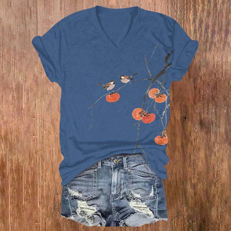 Japanese Ink Watercolor Birds On Persimmon Tree Art Print V-neck T-shirt - Blue - US32-34(5XL) - image 4