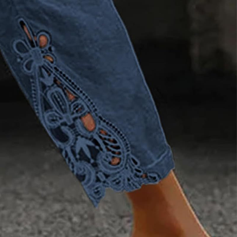 Elegant Solid Lace-trimmed Cuffs Pocket Loose-fitting Drawstrings Pants - image 3