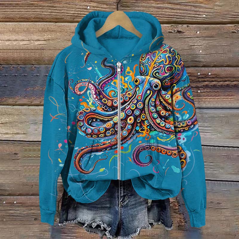 Vintage Rainbow Octopus Art Print Long Sleeve Zipper Hoodie - Blue - US28-30(4XL) - image 5