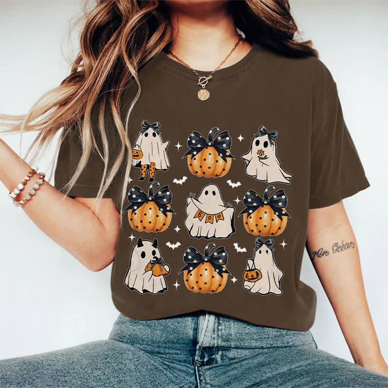 100% Cotton Halloween Girly Ghost & Pumpkin Art Print T-Shirt - Coffee - 2XL - image 3