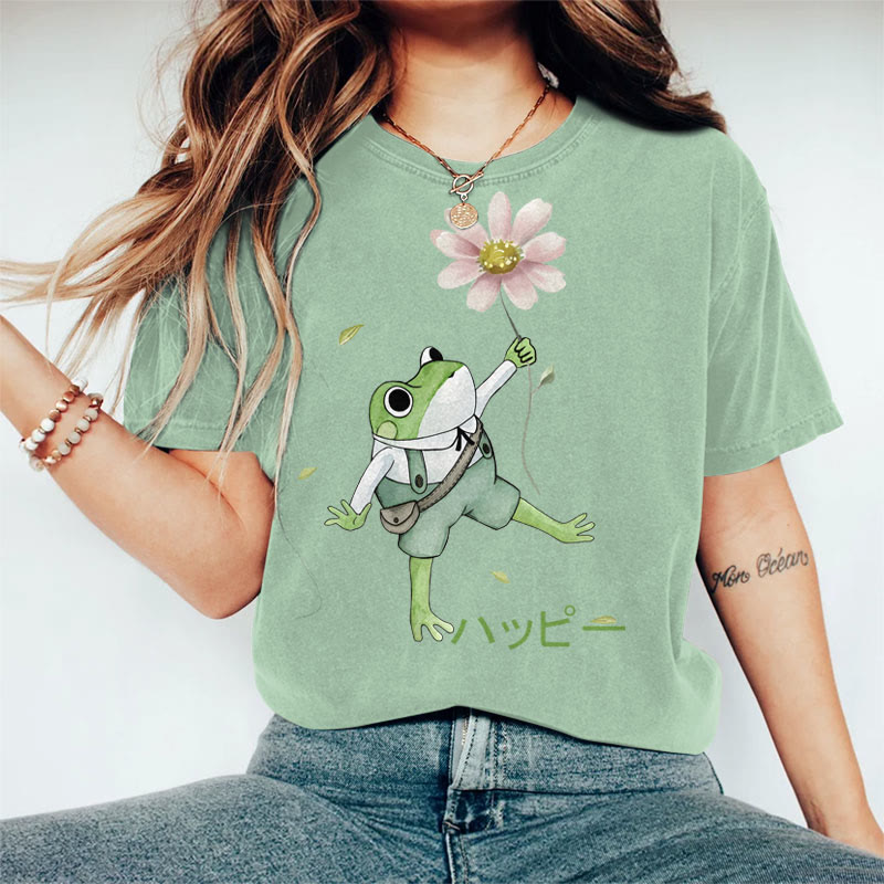 100% Cotton Women's Japanese Lovely Frog Holding Flower Art Print Casual T-shirt - Green - 2XL - image 3