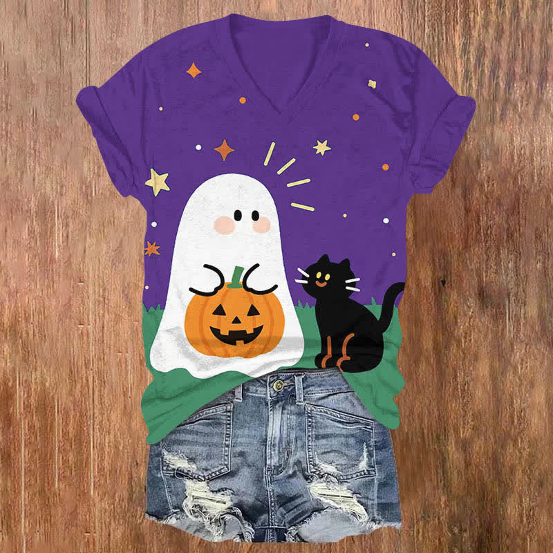 Halloween Cartoon Ghost & Black Cat Print V-neck T-shirt - Purple - US32-34(5XL) - image 2