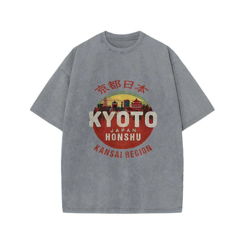 Unisex 100% Cotton Kyoto Japan Honshu Kansai Region Vintage Print Acid Washed T-shirt - Grey - 3XL - image 3