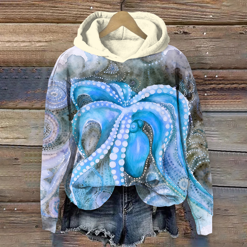 Creative Upside-down Octopus Art Print Long Sleeve Hoodie - Blue - US44-46(8XL) - image 2