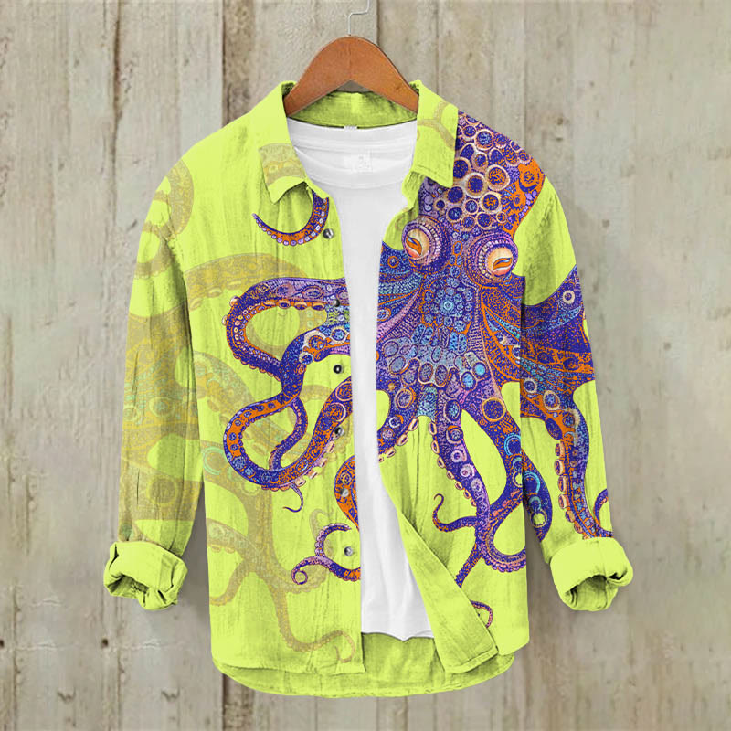 Unique Exquisite Octopus Pattern Print Casual Long Sleeve Lapel Shirt - Light Green - 5XL - image 4