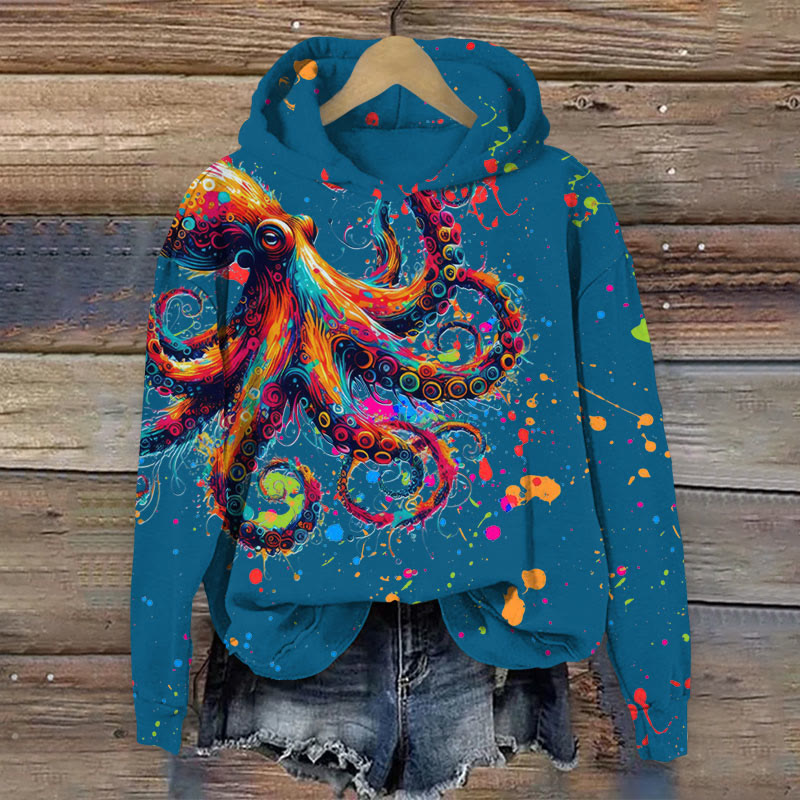 Colorful Splashy Octopus Print Long Sleeve Hoodie - Navy Blue - US44-46(8XL) - image 4